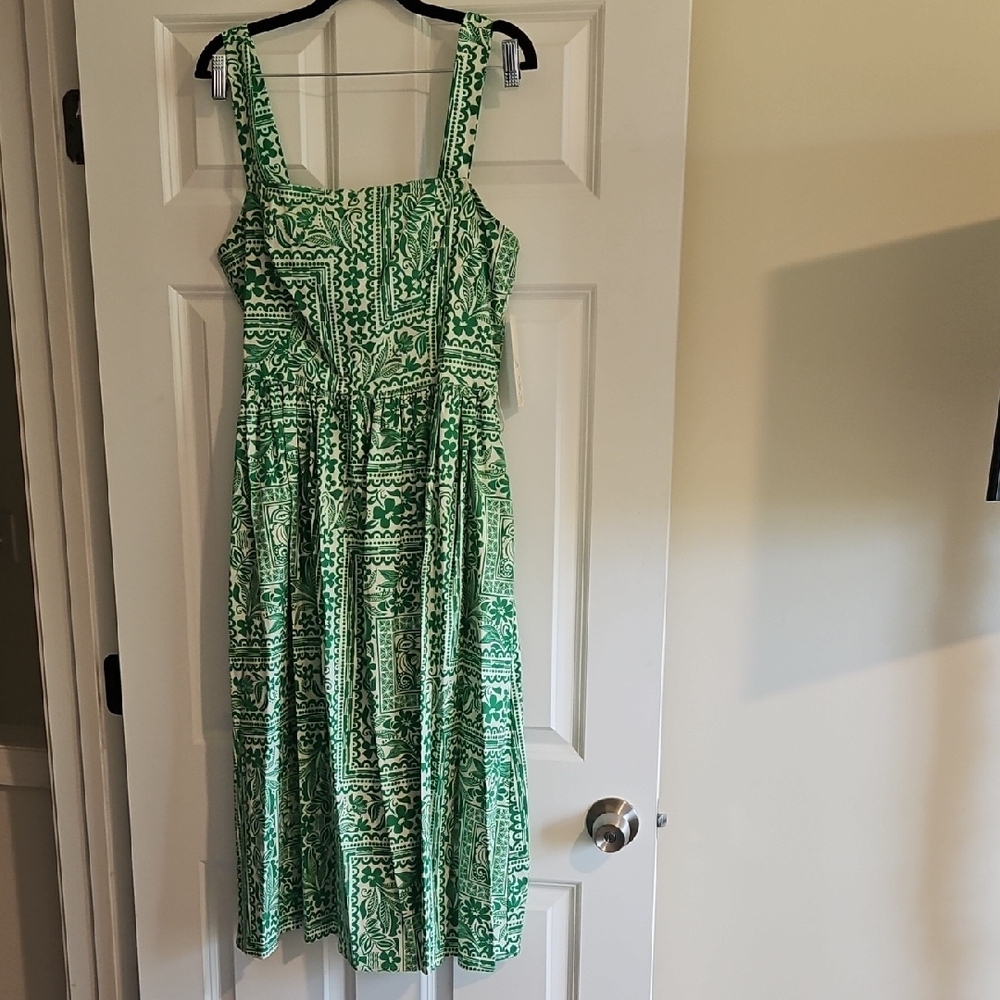 Green Patterned Sundress - Sleeveless Square Neck